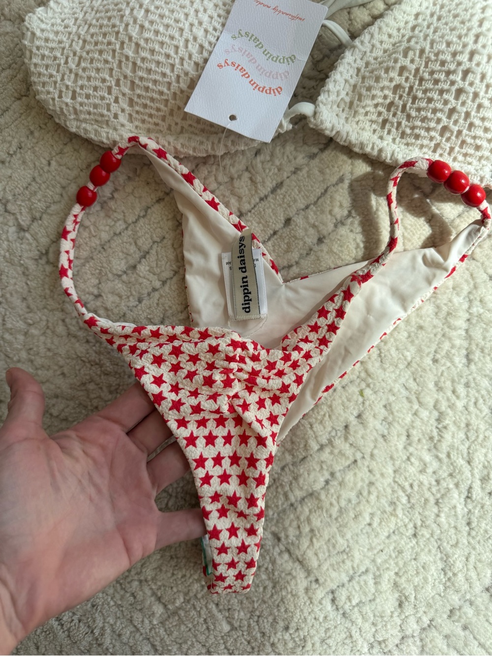 aerie Crochet Triangle Bikini Top in Cream & Red Star Print Bottom - Picture 3 of 7